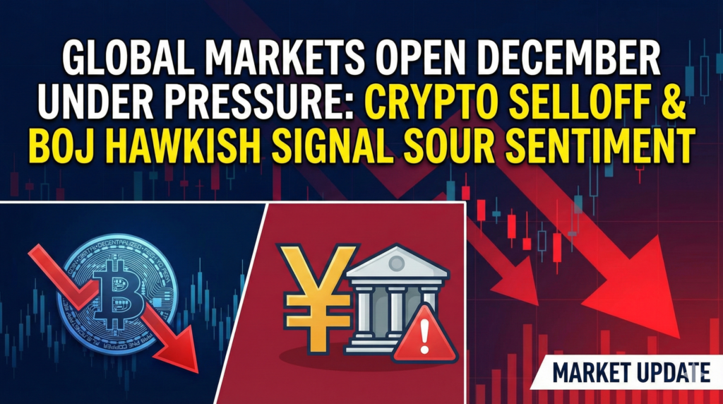 Global markets opened December under pressure, with a fresh crypto selloff and a hawkish signal from the Bank of Japan souring sentiment across risk assets.